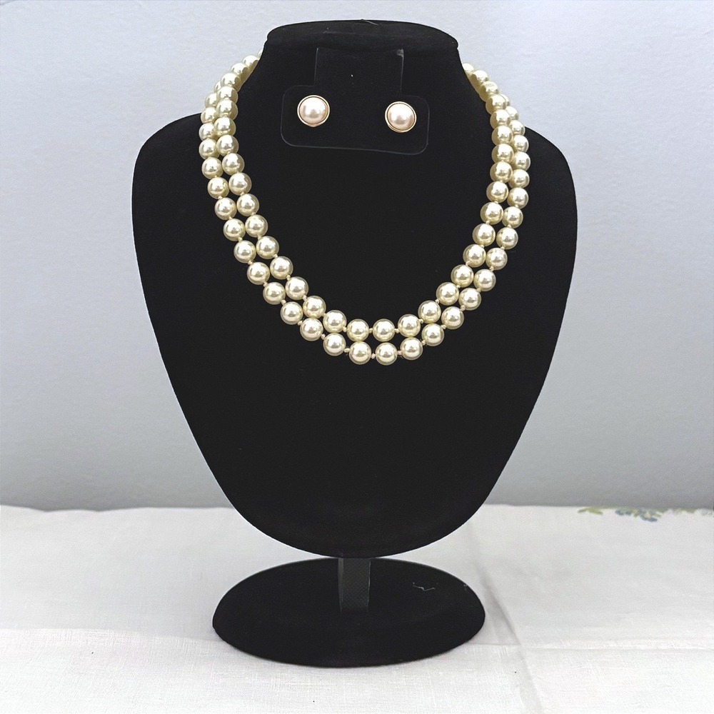 Vintage Cream Faux Pearl Necklace and Earring Set Gold Tone Filigree Clasp Opera
